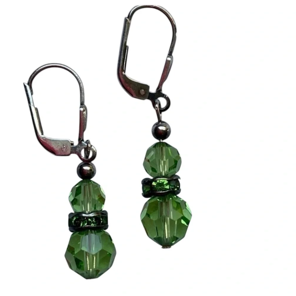 Handmade 925 Silver Peridot Green Crystal Beaded Ball Drop Earrings NEW